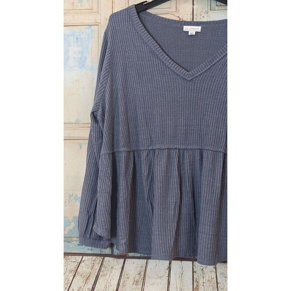 LA Threads Womens Size 2X Dusty Blue Ruffle V Neck Long Sleeve Peplum Blouse Top - Picture 6 of 9